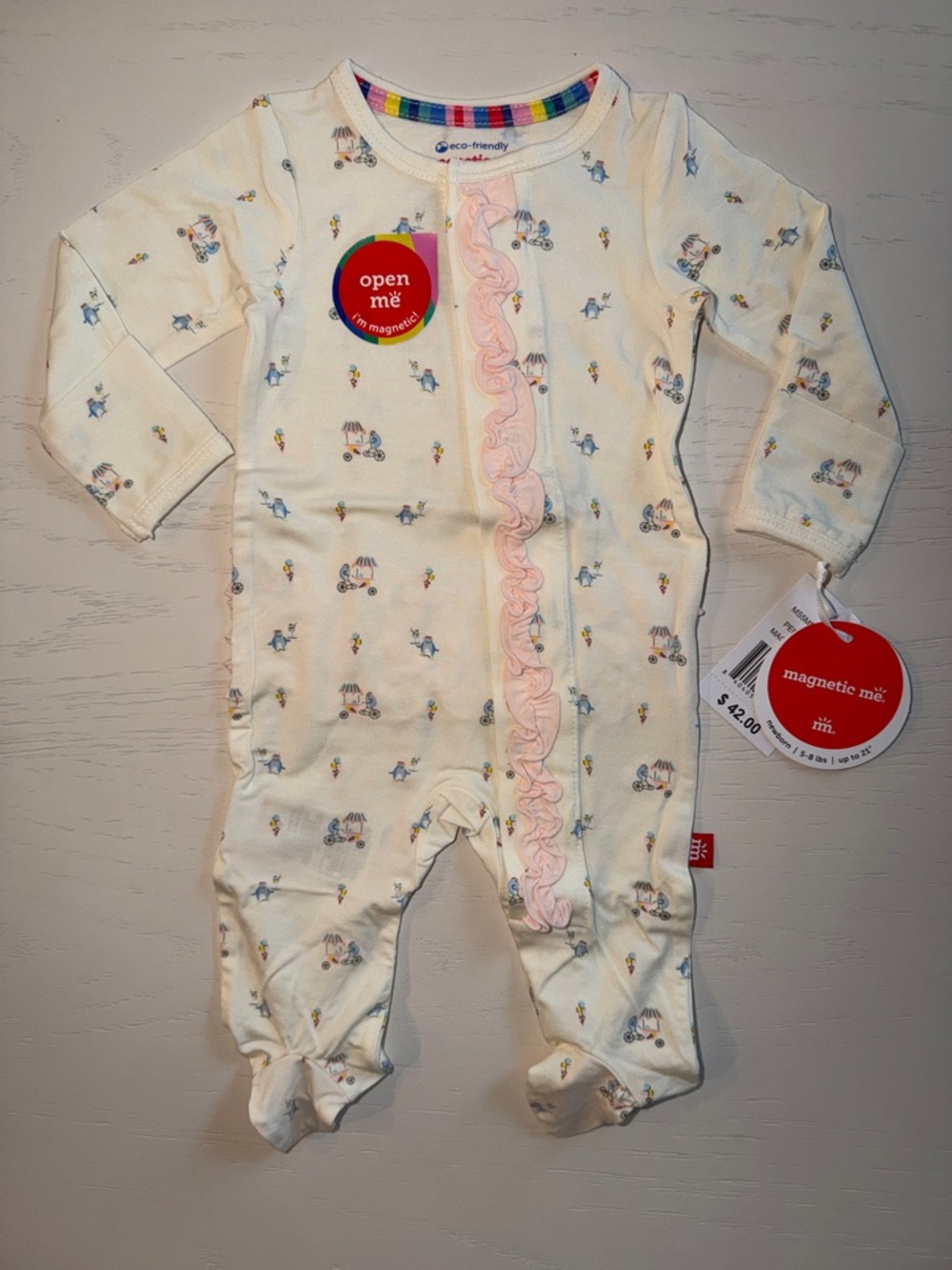 Magnetic Me Cream Pink Penguin Ice Cream Ruffle Footie Newborn 0-3 3-6 months